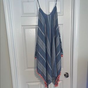 Goa Beachwear Blue Striped Dress with Pom Pom Trim